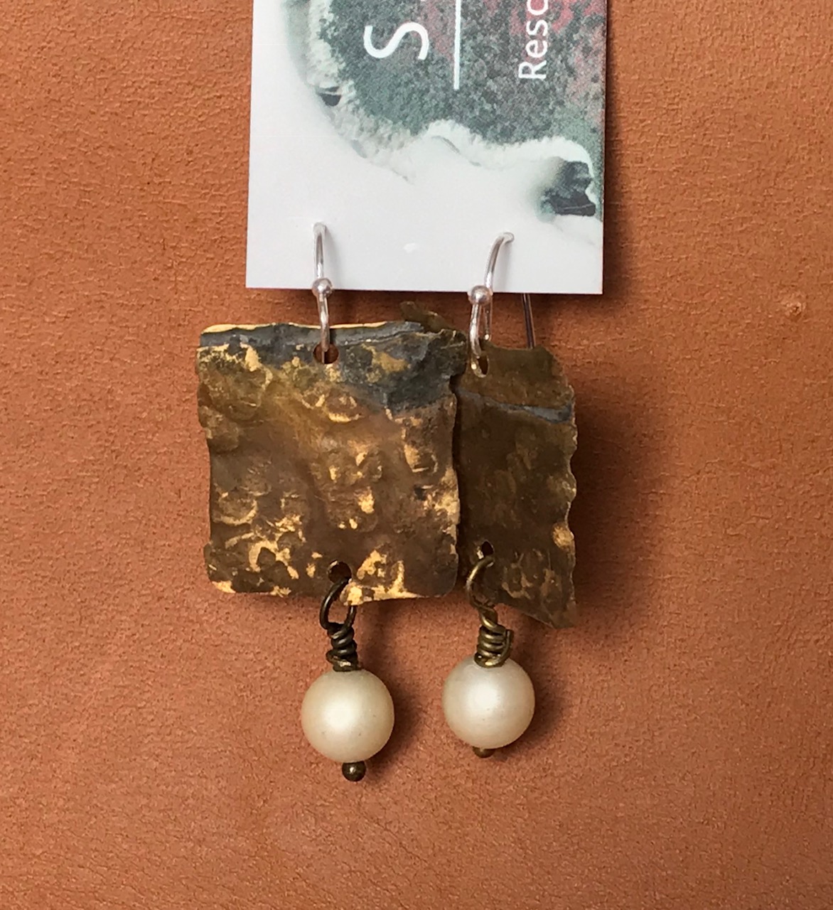 Brass Block Pearl Earrings